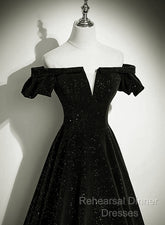 Black Velvet Off Shoulder A-Line Long Semi Formal Prom Dress, Black Simple Wedding Party Dress